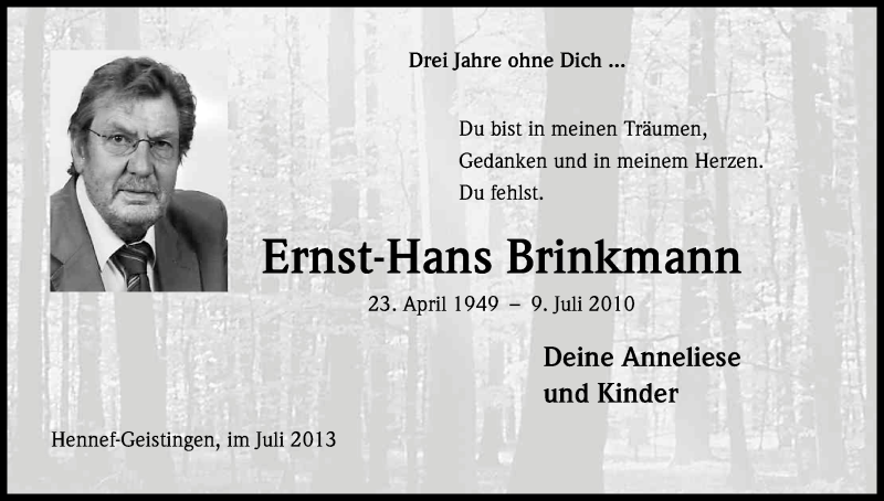  Traueranzeige für Ernst-Hans Brinkmann vom 09.07.2013 aus Kölner Stadt-Anzeiger / Kölnische Rundschau / Express