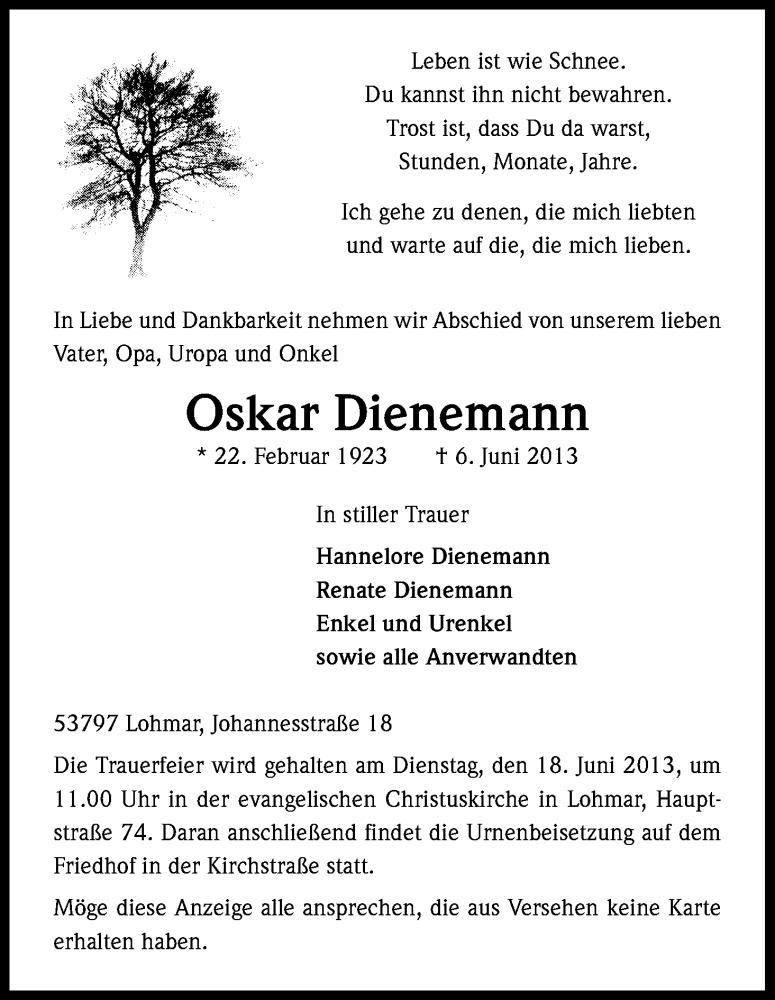  Traueranzeige für Oskar Dienemann vom 14.06.2013 aus Kölner Stadt-Anzeiger / Kölnische Rundschau / Express