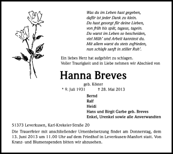 Anzeige von Hanna Breves von Kölner Stadt-Anzeiger / Kölnische Rundschau / Express