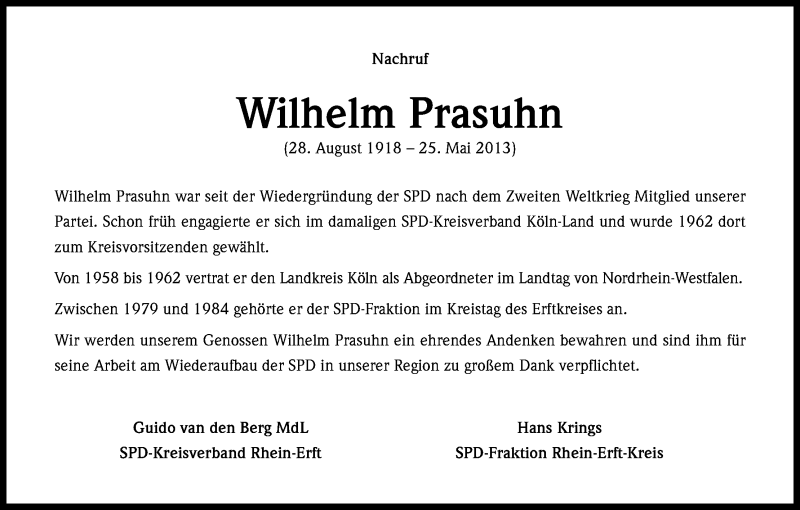  Traueranzeige für Wilhelm Prasuhn vom 10.06.2013 aus Kölner Stadt-Anzeiger / Kölnische Rundschau / Express