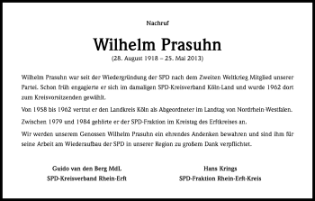 Anzeige von Wilhelm Prasuhn von Kölner Stadt-Anzeiger / Kölnische Rundschau / Express