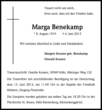 Anzeige von Marga Benekamp von Kölner Stadt-Anzeiger / Kölnische Rundschau / Express