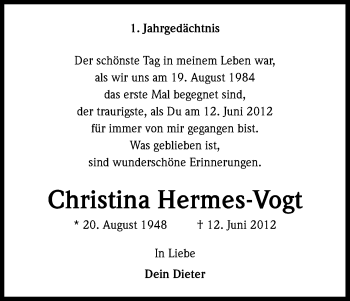 Anzeige von Christina Hermes-Vogt von Kölner Stadt-Anzeiger / Kölnische Rundschau / Express