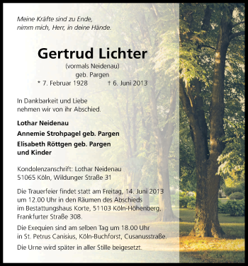 Anzeige von Gertrud Lichter von Kölner Stadt-Anzeiger / Kölnische Rundschau / Express