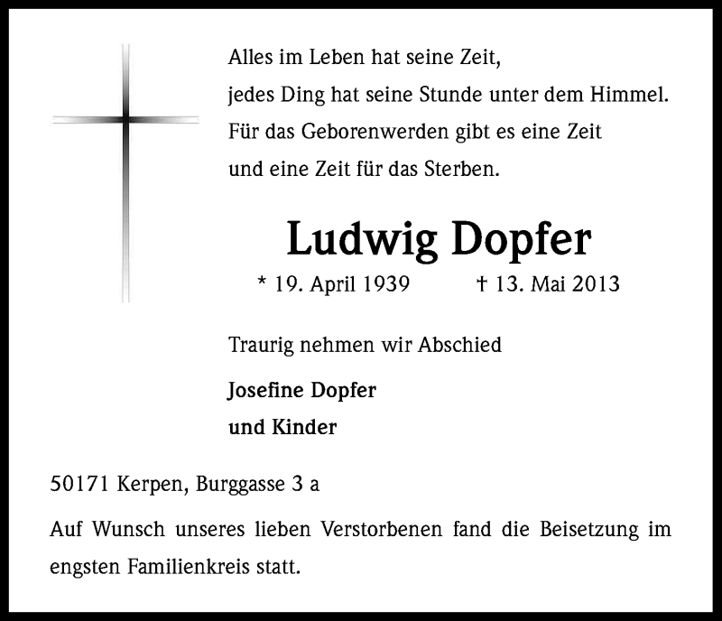  Traueranzeige für Ludwig Dopfer vom 10.06.2013 aus Kölner Stadt-Anzeiger / Kölnische Rundschau / Express