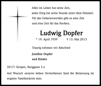 Anzeige von Ludwig Dopfer von Kölner Stadt-Anzeiger / Kölnische Rundschau / Express