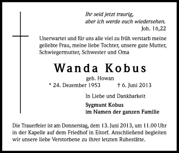 Anzeige von Wanda Kobus von Kölner Stadt-Anzeiger / Kölnische Rundschau / Express