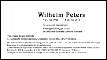 Anzeige von Wilhelm Peters von Kölner Stadt-Anzeiger / Kölnische Rundschau / Express