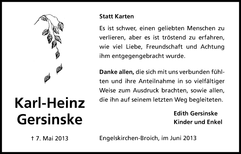  Traueranzeige für Karl-Heinz Gersinske vom 14.06.2013 aus Kölner Stadt-Anzeiger / Kölnische Rundschau / Express
