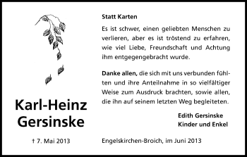 Anzeige von Karl-Heinz Gersinske von Kölner Stadt-Anzeiger / Kölnische Rundschau / Express