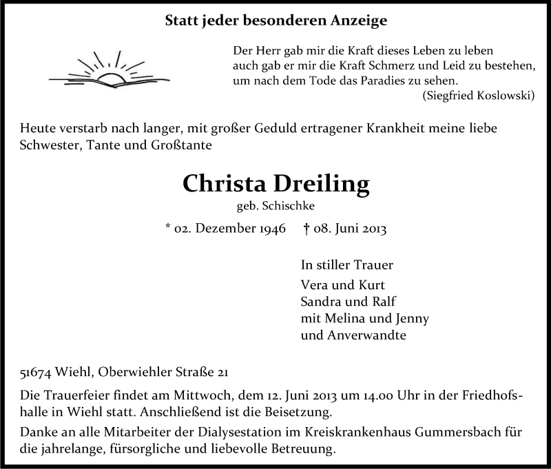  Traueranzeige für Christa Dreiling vom 11.06.2013 aus Kölner Stadt-Anzeiger / Kölnische Rundschau / Express
