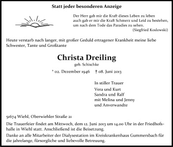 Anzeige von Christa Dreiling von Kölner Stadt-Anzeiger / Kölnische Rundschau / Express