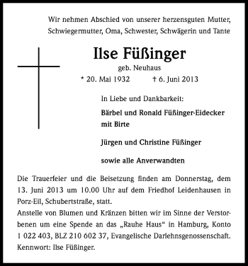 Anzeige von Ilse Füßinger von Kölner Stadt-Anzeiger / Kölnische Rundschau / Express