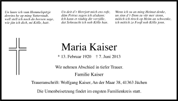 Anzeige von Maria Kaiser von Kölner Stadt-Anzeiger / Kölnische Rundschau / Express