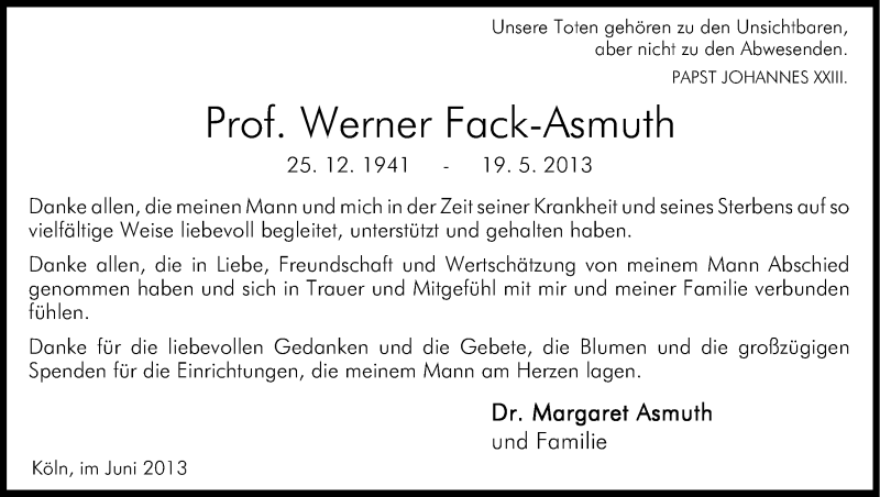  Traueranzeige für Werner Fack-Asmuth vom 22.06.2013 aus Kölner Stadt-Anzeiger / Kölnische Rundschau / Express