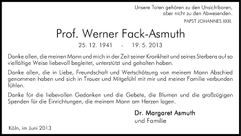 Anzeige von Werner Fack-Asmuth von Kölner Stadt-Anzeiger / Kölnische Rundschau / Express