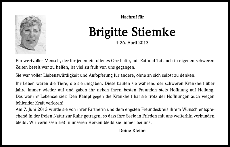  Traueranzeige für Brigitte Stiemke vom 14.06.2013 aus Kölner Stadt-Anzeiger / Kölnische Rundschau / Express