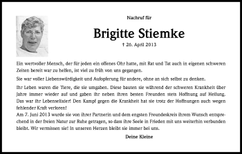 Anzeige von Brigitte Stiemke von Kölner Stadt-Anzeiger / Kölnische Rundschau / Express