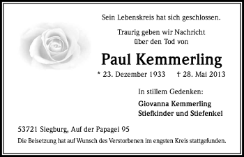 Anzeige von Paul Kemmerling von Kölner Stadt-Anzeiger / Kölnische Rundschau / Express
