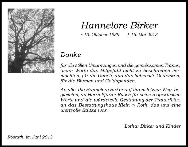  Traueranzeige für Hannelore Birker vom 12.06.2013 aus Kölner Stadt-Anzeiger / Kölnische Rundschau / Express