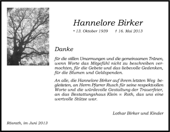 Anzeige von Hannelore Birker von Kölner Stadt-Anzeiger / Kölnische Rundschau / Express