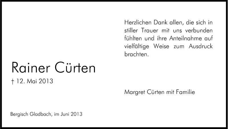  Traueranzeige für Rainer Cürten vom 12.06.2013 aus Kölner Stadt-Anzeiger / Kölnische Rundschau / Express