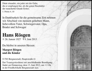 Anzeige von Hans Rösgen von Kölner Stadt-Anzeiger / Kölnische Rundschau / Express