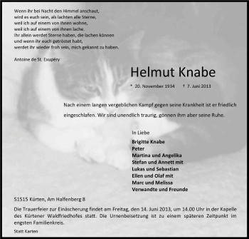 Anzeige von Helmut Knabe von Kölner Stadt-Anzeiger / Kölnische Rundschau / Express