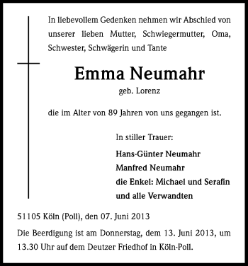 Anzeige von Emma Neumahr von Kölner Stadt-Anzeiger / Kölnische Rundschau / Express