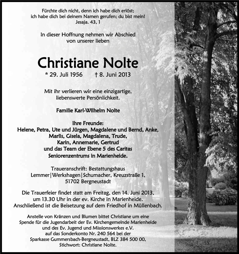  Traueranzeige für Christiane Nolte vom 11.06.2013 aus Kölner Stadt-Anzeiger / Kölnische Rundschau / Express