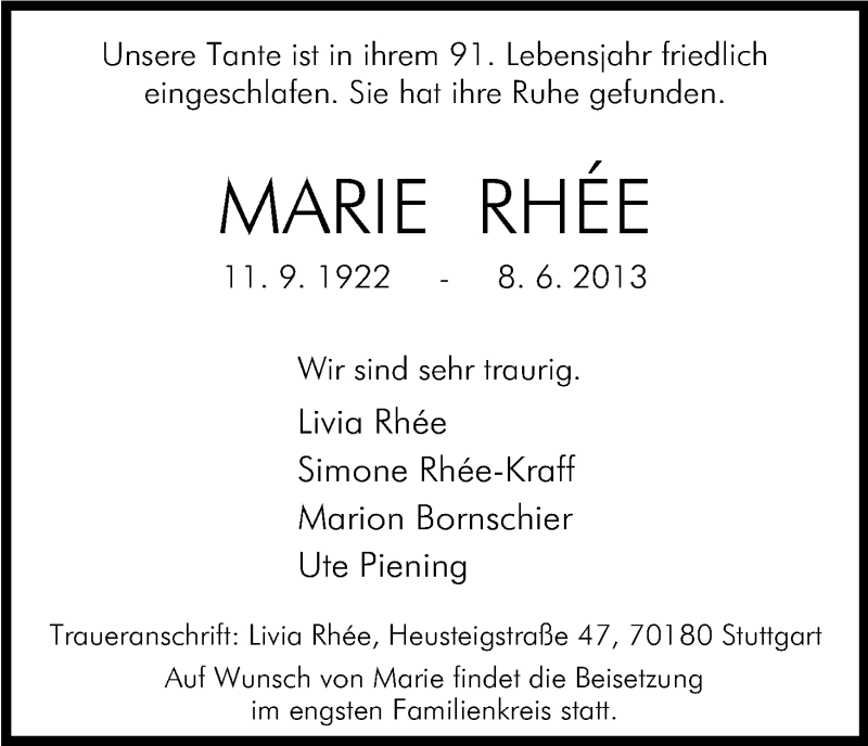  Traueranzeige für Marie Rhee vom 12.06.2013 aus Kölner Stadt-Anzeiger / Kölnische Rundschau / Express