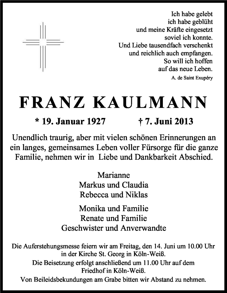  Traueranzeige für Franz Kaulmann vom 12.06.2013 aus Kölner Stadt-Anzeiger / Kölnische Rundschau / Express