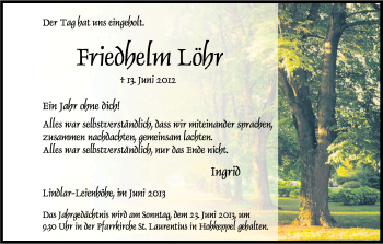Anzeige von Friedhelm Löhr von Kölner Stadt-Anzeiger / Kölnische Rundschau / Express
