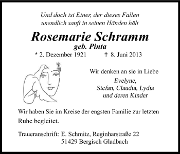 Anzeige von Rosemarie Schramm von Kölner Stadt-Anzeiger / Kölnische Rundschau / Express