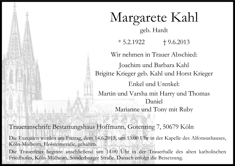  Traueranzeige für Margarete Kahl vom 12.06.2013 aus Kölner Stadt-Anzeiger / Kölnische Rundschau / Express
