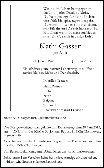 Anzeige von Kathi Gassen von Kölner Stadt-Anzeiger / Kölnische Rundschau / Express