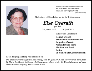 Anzeige von Else Overath von Kölner Stadt-Anzeiger / Kölnische Rundschau / Express