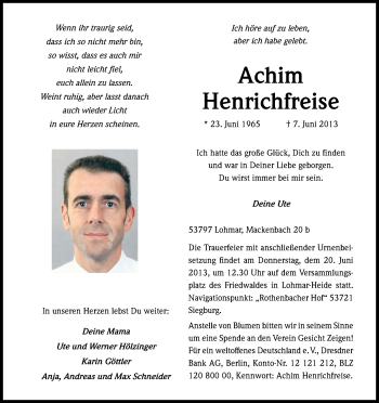 Anzeige von Achim Henrichfreise von Kölner Stadt-Anzeiger / Kölnische Rundschau / Express