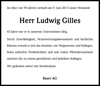 Anzeige von Ludwig Gilles von Kölner Stadt-Anzeiger / Kölnische Rundschau / Express