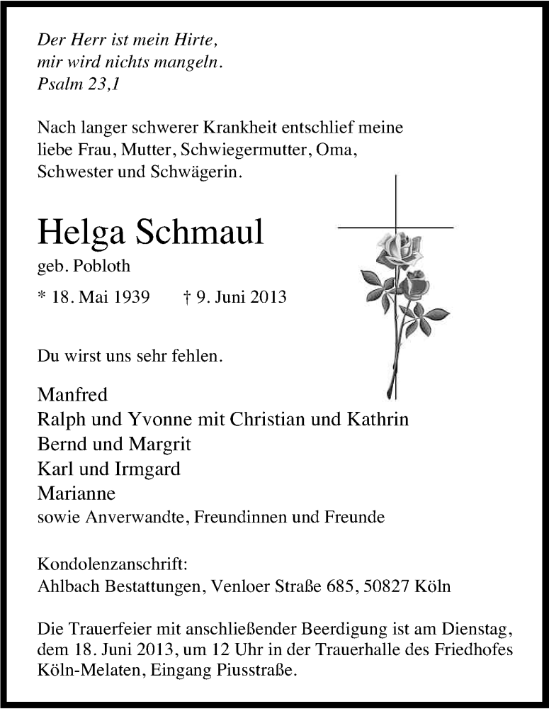  Traueranzeige für Helga Schmaul vom 15.06.2013 aus Kölner Stadt-Anzeiger / Kölnische Rundschau / Express