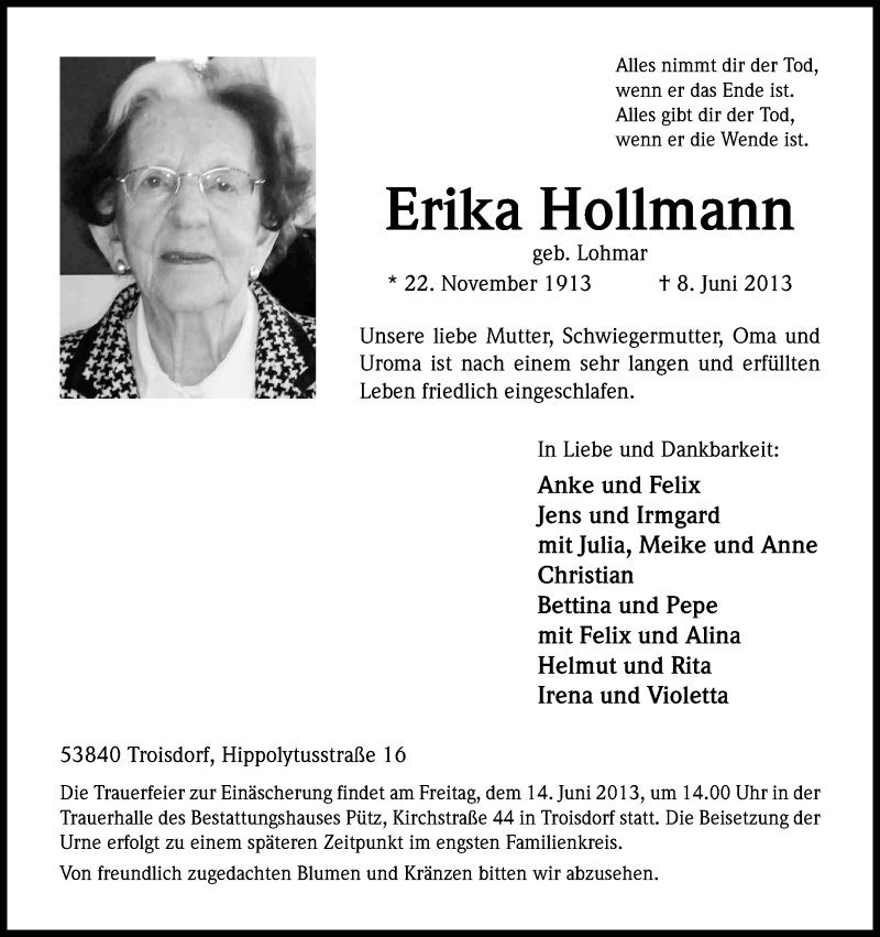  Traueranzeige für Erika Hollmann vom 12.06.2013 aus Kölner Stadt-Anzeiger / Kölnische Rundschau / Express
