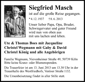 Anzeige von Siegfried Masch von Kölner Stadt-Anzeiger / Kölnische Rundschau / Express