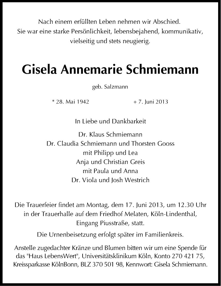  Traueranzeige für Gisela Annemarie Schmiemann vom 12.06.2013 aus Kölner Stadt-Anzeiger / Kölnische Rundschau / Express