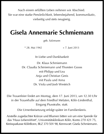 Anzeige von Gisela Annemarie Schmiemann von Kölner Stadt-Anzeiger / Kölnische Rundschau / Express