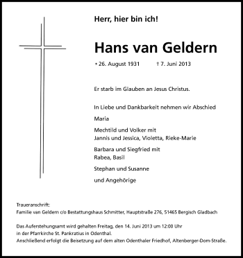 Anzeige von Hans van Geldern von Kölner Stadt-Anzeiger / Kölnische Rundschau / Express