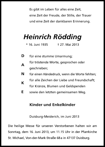 Anzeige von Heinrich Rödding von Kölner Stadt-Anzeiger / Kölnische Rundschau / Express