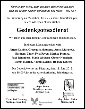 Anzeige von Gedenkgottesdienst von Juni 2013 von Kölner Stadt-Anzeiger / Kölnische Rundschau / Express