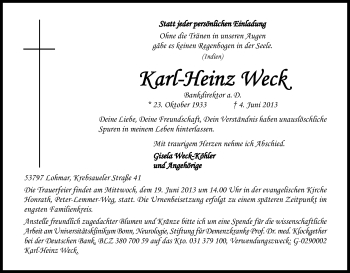 Anzeige von Karl-Heinz Weck von Kölner Stadt-Anzeiger / Kölnische Rundschau / Express