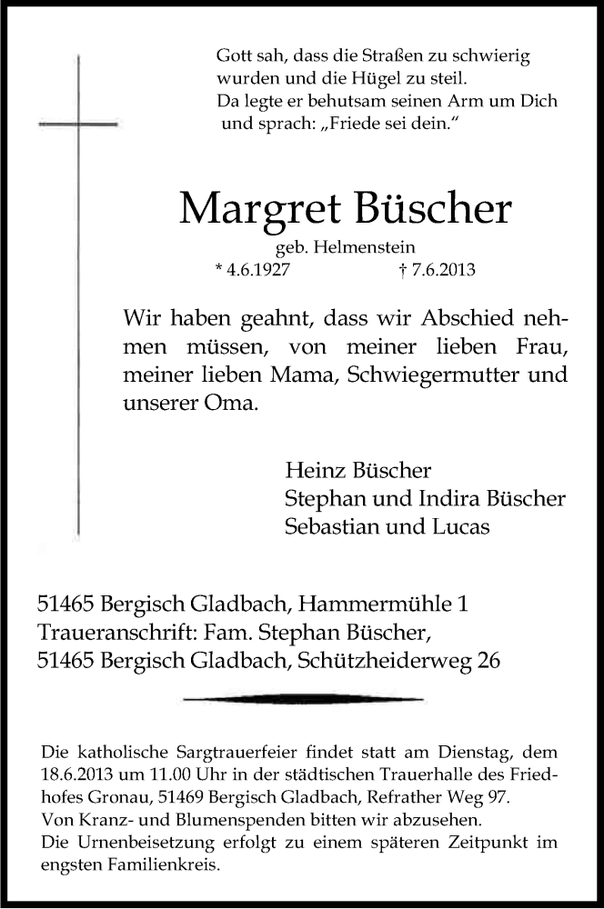  Traueranzeige für Margret Büscher vom 13.06.2013 aus Kölner Stadt-Anzeiger / Kölnische Rundschau / Express