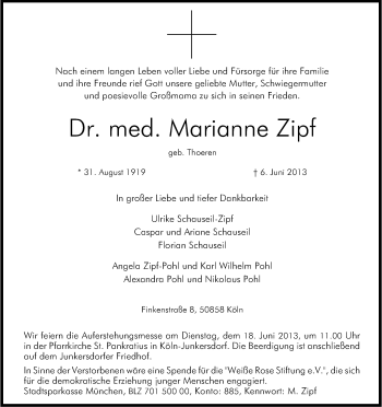 Anzeige von Marianne Zipf von Kölner Stadt-Anzeiger / Kölnische Rundschau / Express